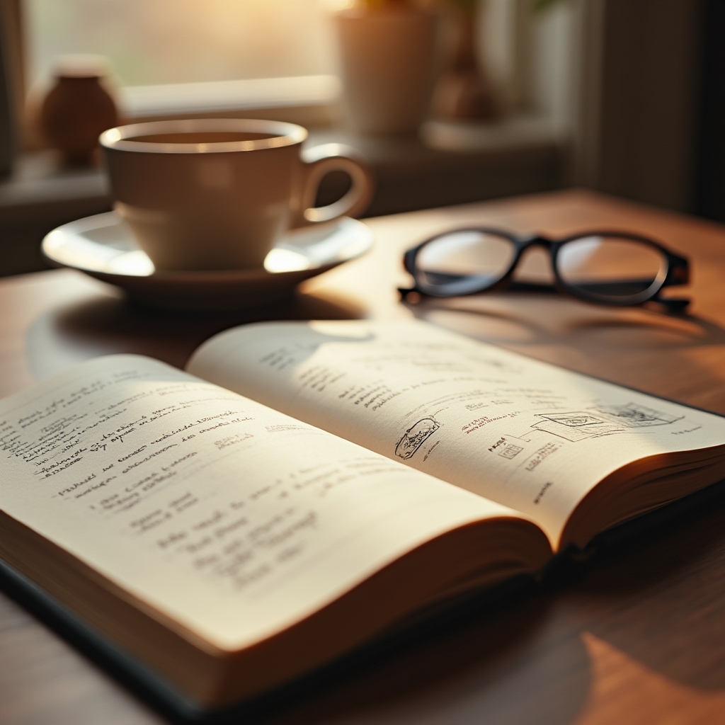 Offenes Notizbuch mit handschriftlichen Reflexionen neben einer Tasse Kaffee auf einem Holztisch